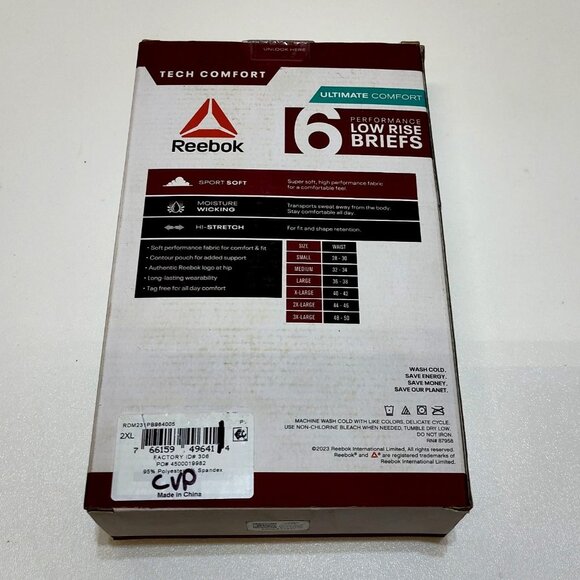 Reebok Performance Low Rise Briefs Men's 2XL 6-Pack Moisture Wicking Comfort NIB - Picture 2 of 7